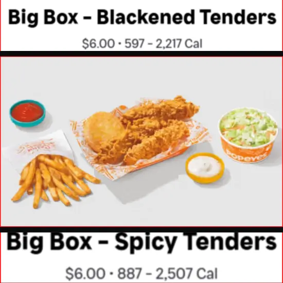 Popeyes Menu With Prices 15 Big box classic, Spicy or Blackened Tanders with price