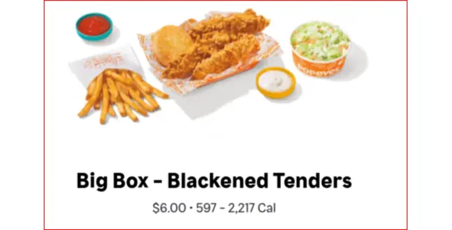 Popeyes Menu 10 Big box classic, Spicy or Blackened Tanders with price