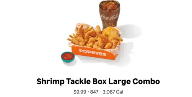 Popeyes Menu 12 Shrimp Tackle Box Large Combo prices with include items