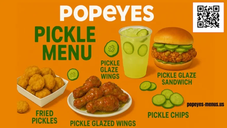 Popeyes Pickle Menu 13 Popeyes Pickle Menu which has these items in it " Pickle Lemonade , Fried Pickles, Pickle Glazed Wings , Pickle Glaze Sandwich, pickle chips.