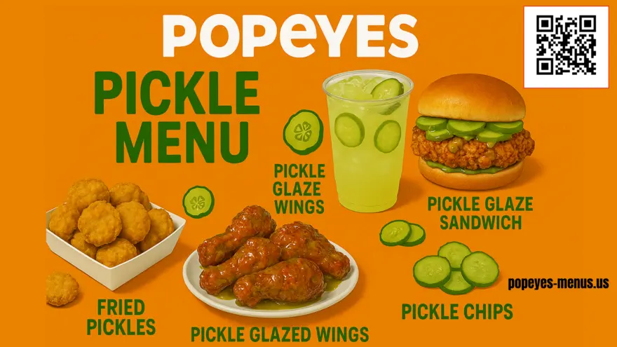 Popeyes Pickle Menu 1 Popeyes Pickle Menu which has these items in it " Pickle Lemonade , Fried Pickles, Pickle Glazed Wings , Pickle Glaze Sandwich, pickle chips.