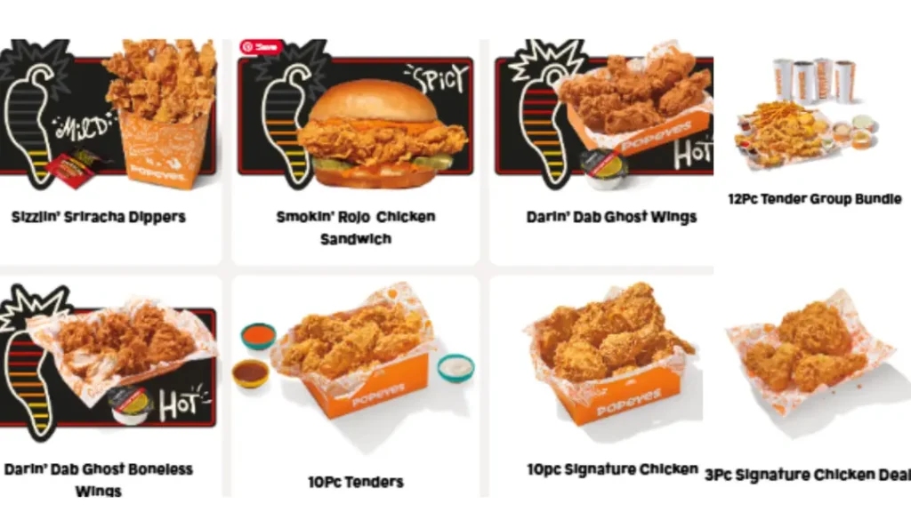 Popeyes Menu 2 Limited Time Latest Offers new deals such as Sizzlin’ Sriracha Dippers, Smokin' Rojo Chicken Sandwich etc